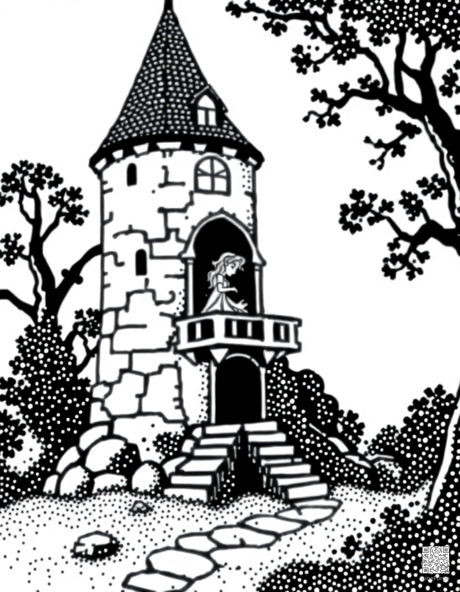 sleeping beauty in her tower coloring page Stipple style - free printable
