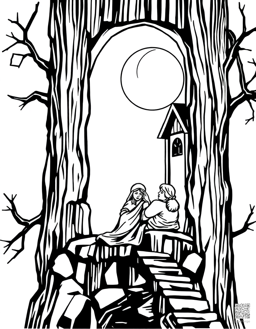 sleeping beauty in her tower coloring page Woodcut style - free printable