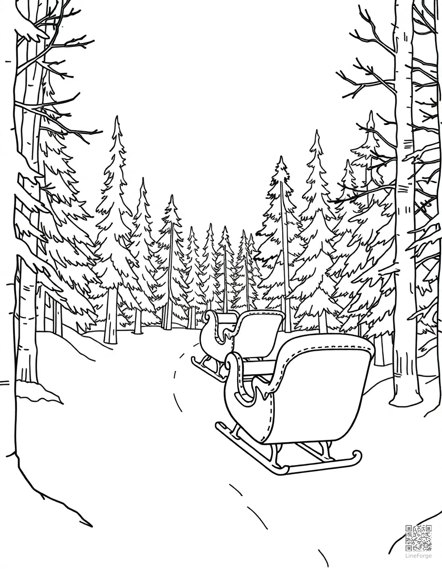 Free sleigh ride through a winter forest coloring page in contour style — printable line art