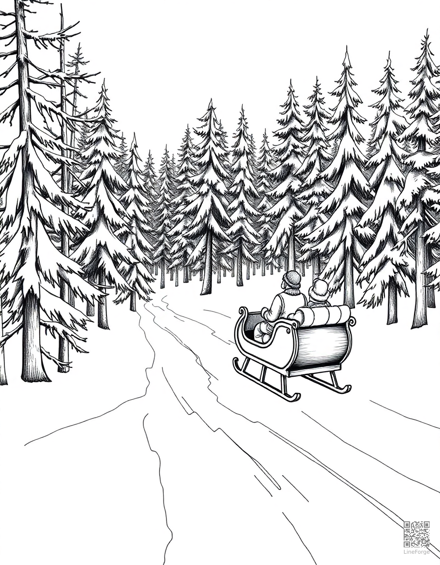 Free sleigh ride through a winter forest coloring page in crosshatch style — printable line art