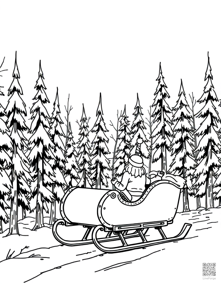 Free sleigh ride through a winter forest coloring page in manga style — printable line art