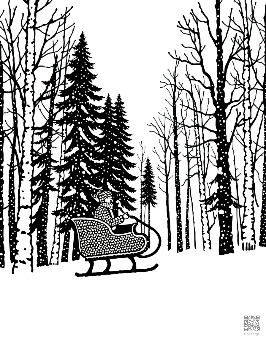 Free sleigh ride through a winter forest coloring page in stipple style — printable line art