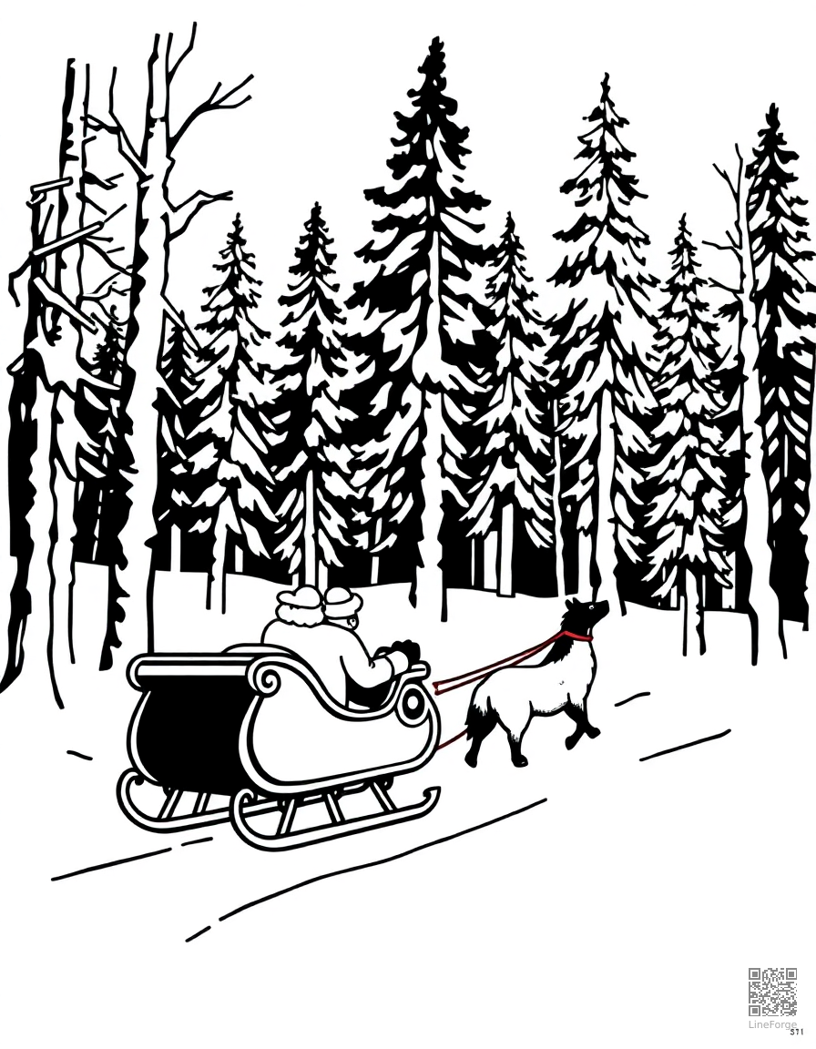 Free sleigh ride through a winter forest coloring page in woodcut style — printable line art