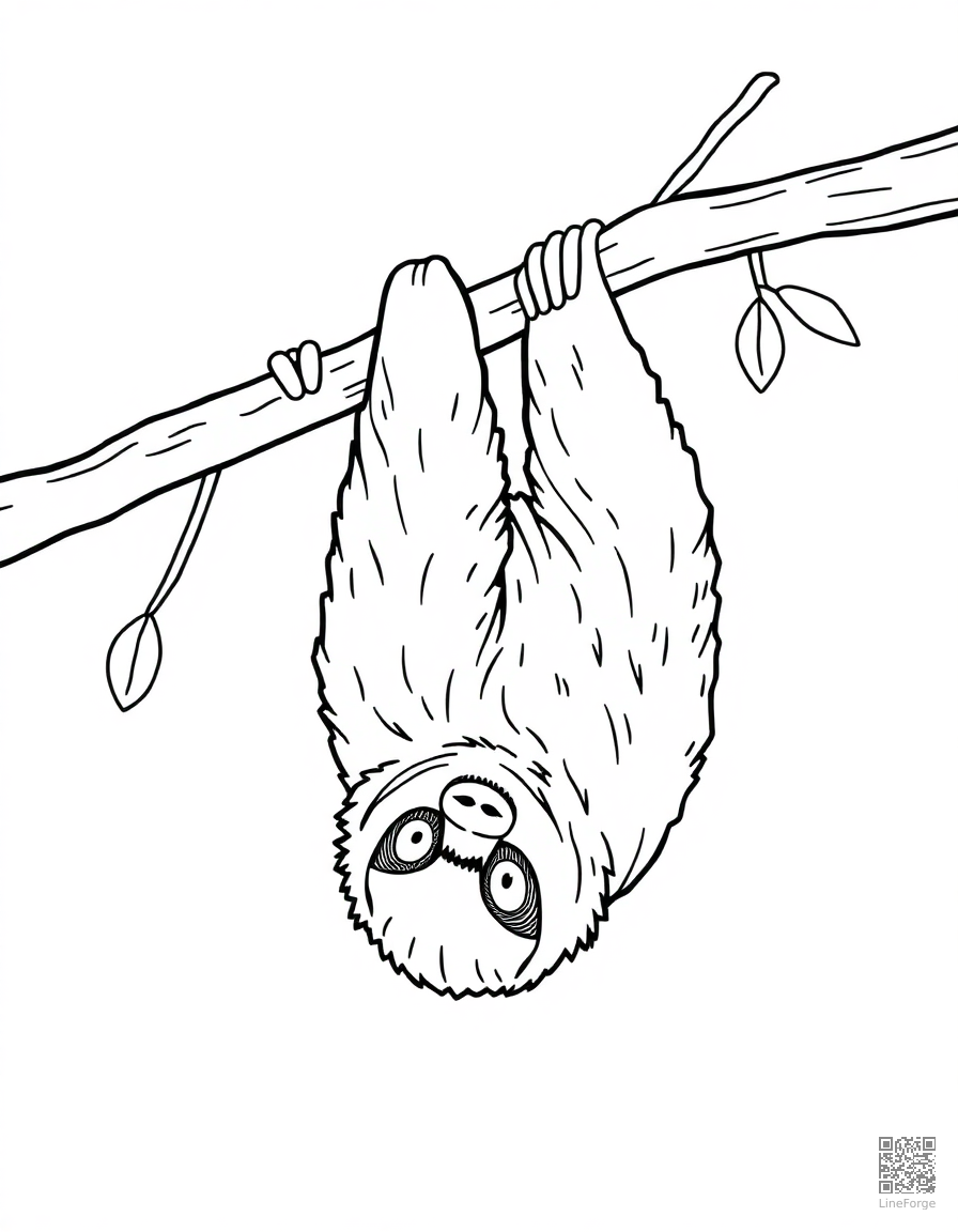 Free sloth hanging upside down from a branch coloring page in contour style — printable line art