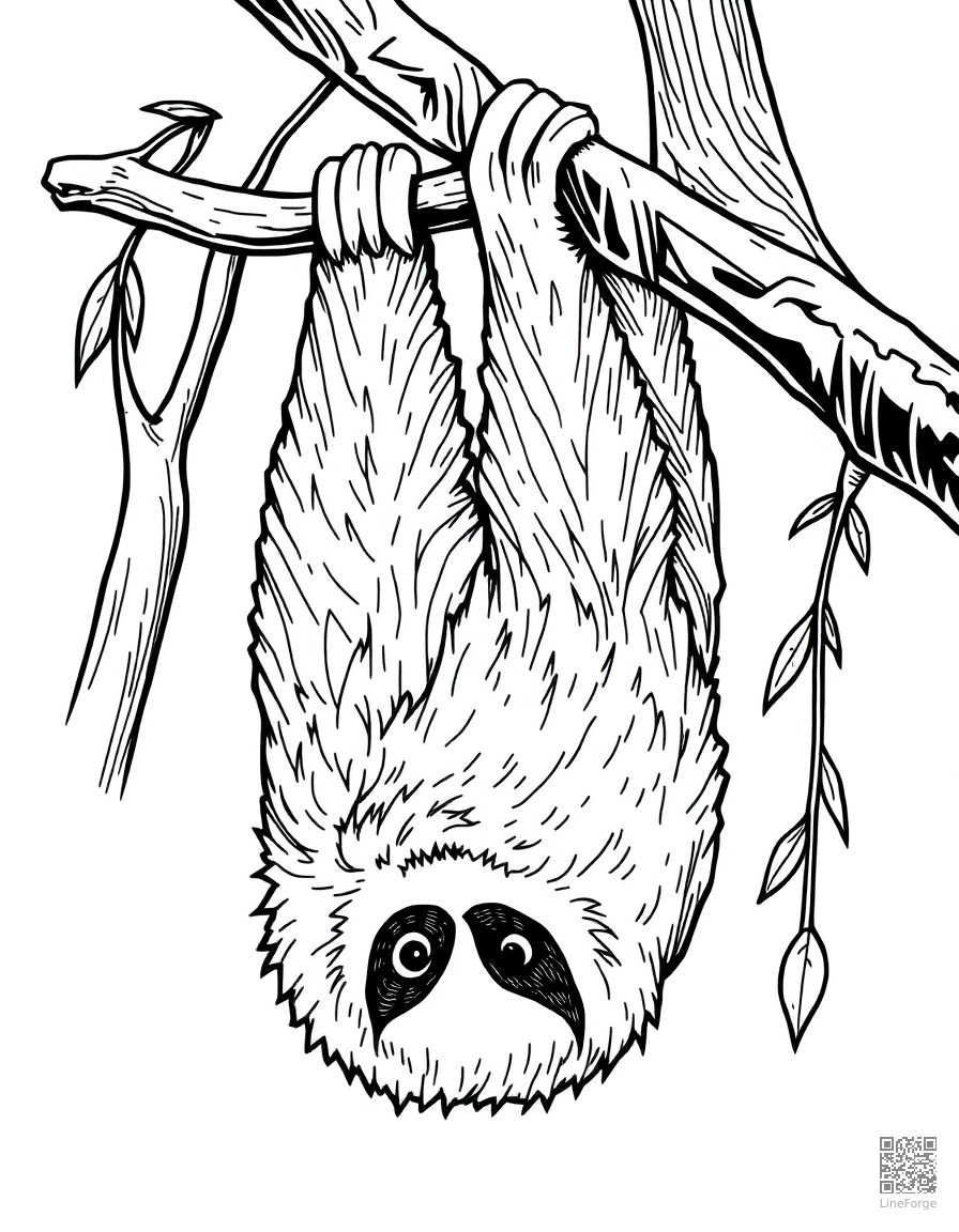 Free sloth hanging upside down from a branch coloring page in crosshatch style — printable line art