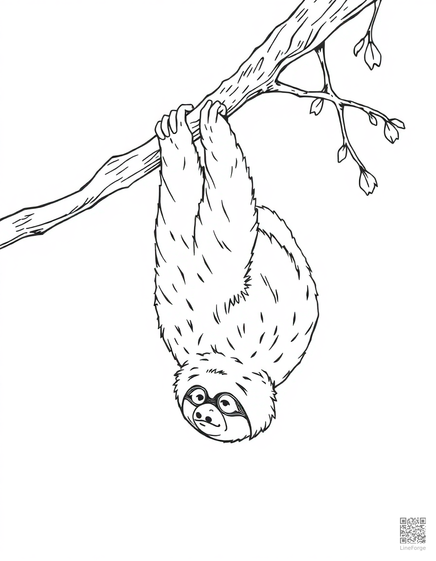 Free sloth hanging upside down from a branch coloring page in manga style — printable line art