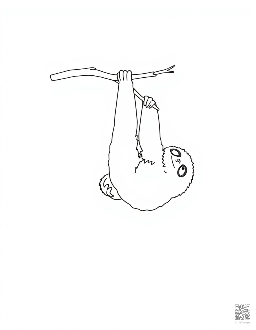Free sloth hanging upside down from a branch coloring page in minimal style — printable line art