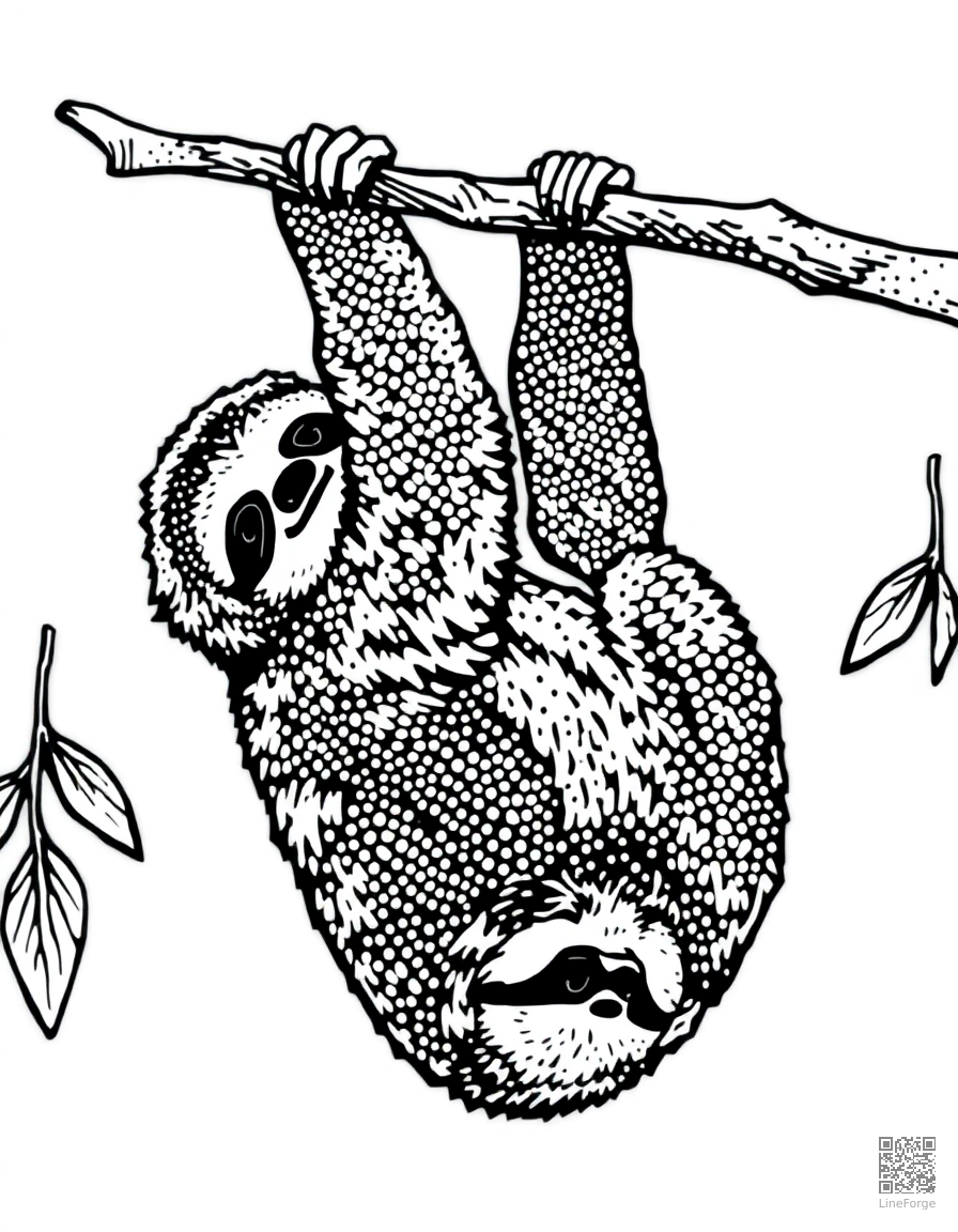 Free sloth hanging upside down from a branch coloring page in stipple style — printable line art