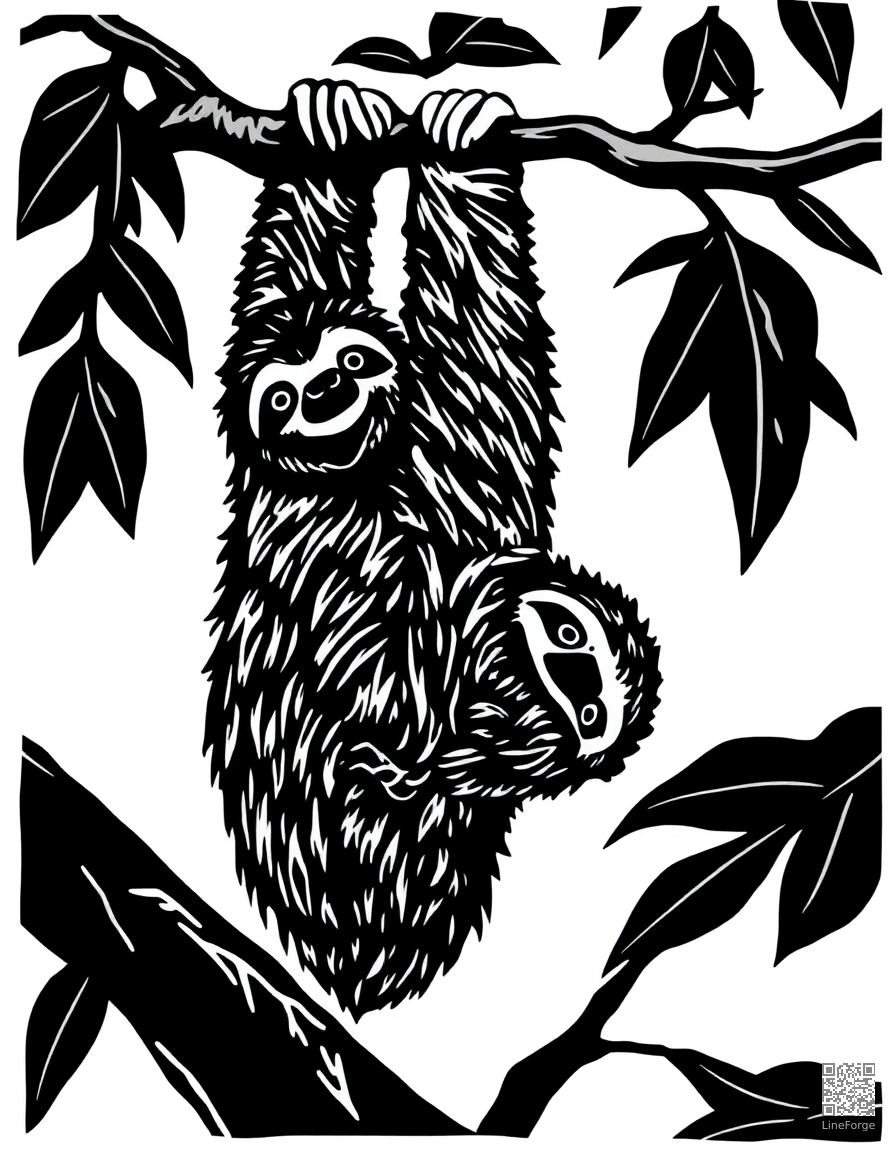 Free sloth hanging upside down from a branch coloring page in woodcut style — printable line art