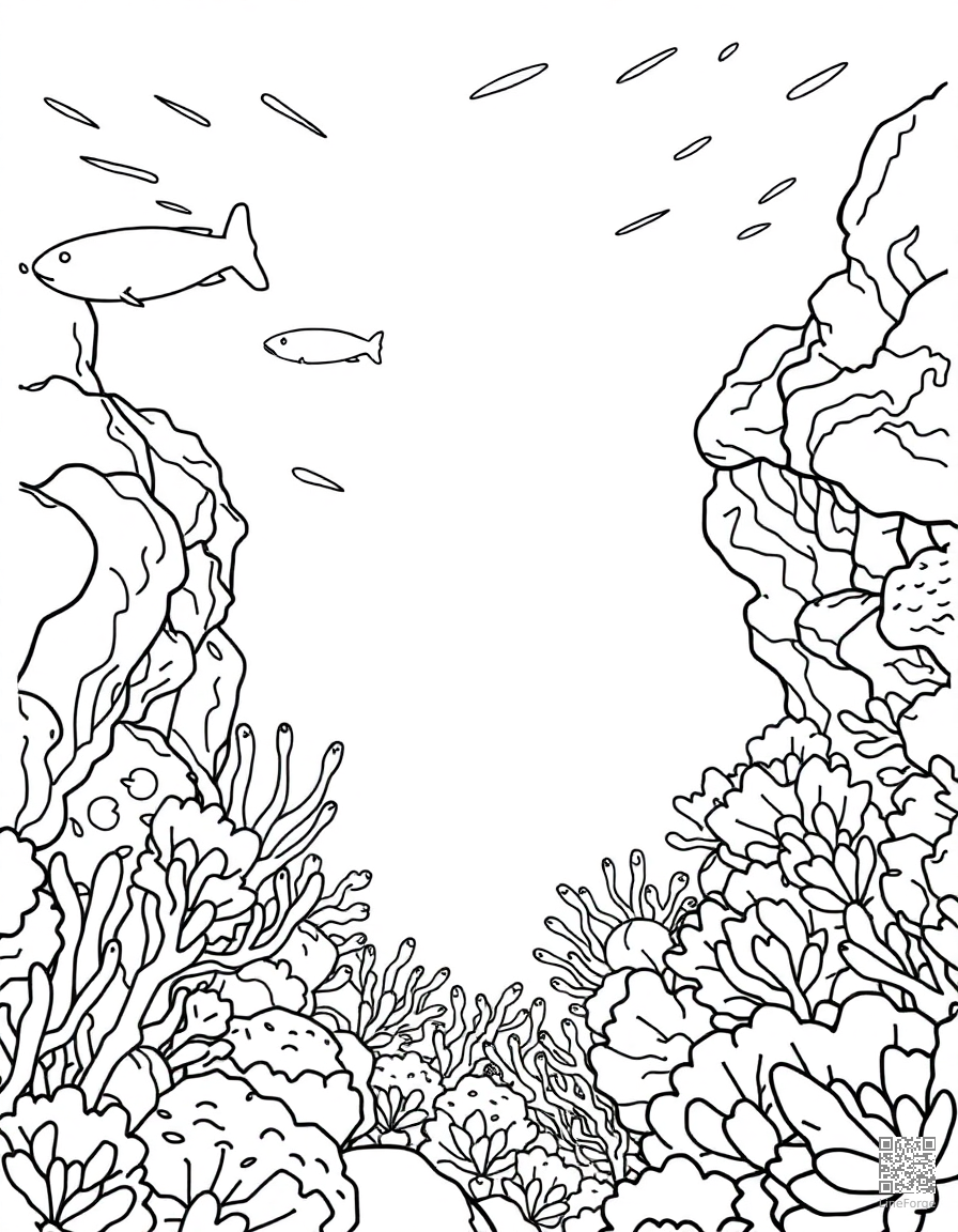 snorkeling in a tropical reef coloring page Contour style - free printable