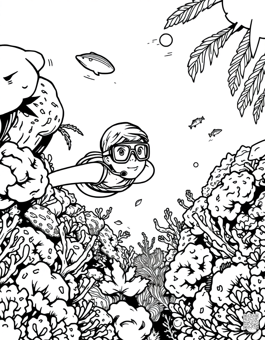 snorkeling in a tropical reef coloring page Manga style - free printable
