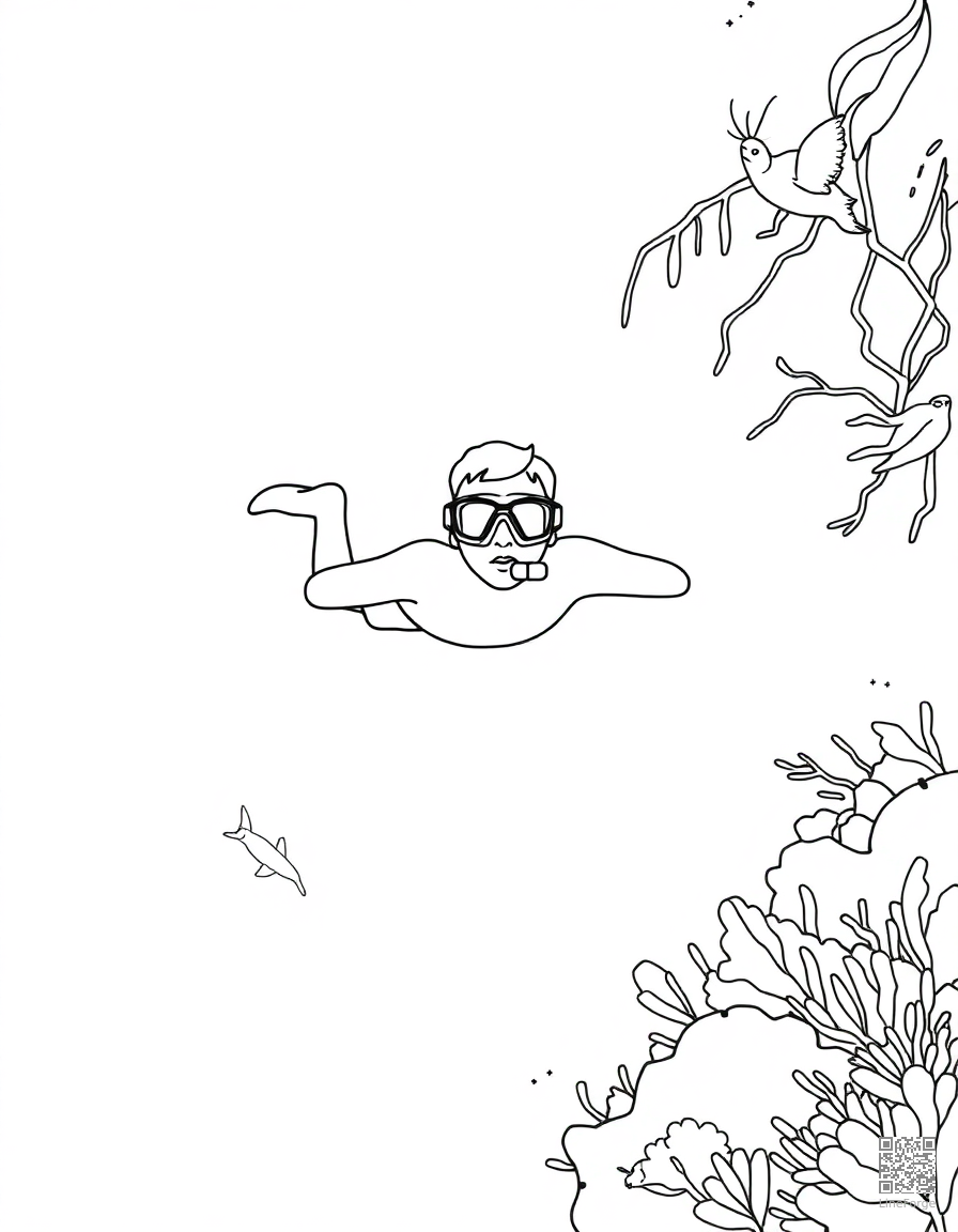 snorkeling in a tropical reef coloring page Minimal style - free printable