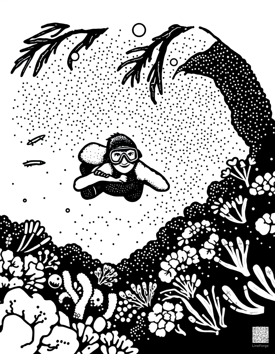 snorkeling in a tropical reef coloring page Stipple style - free printable