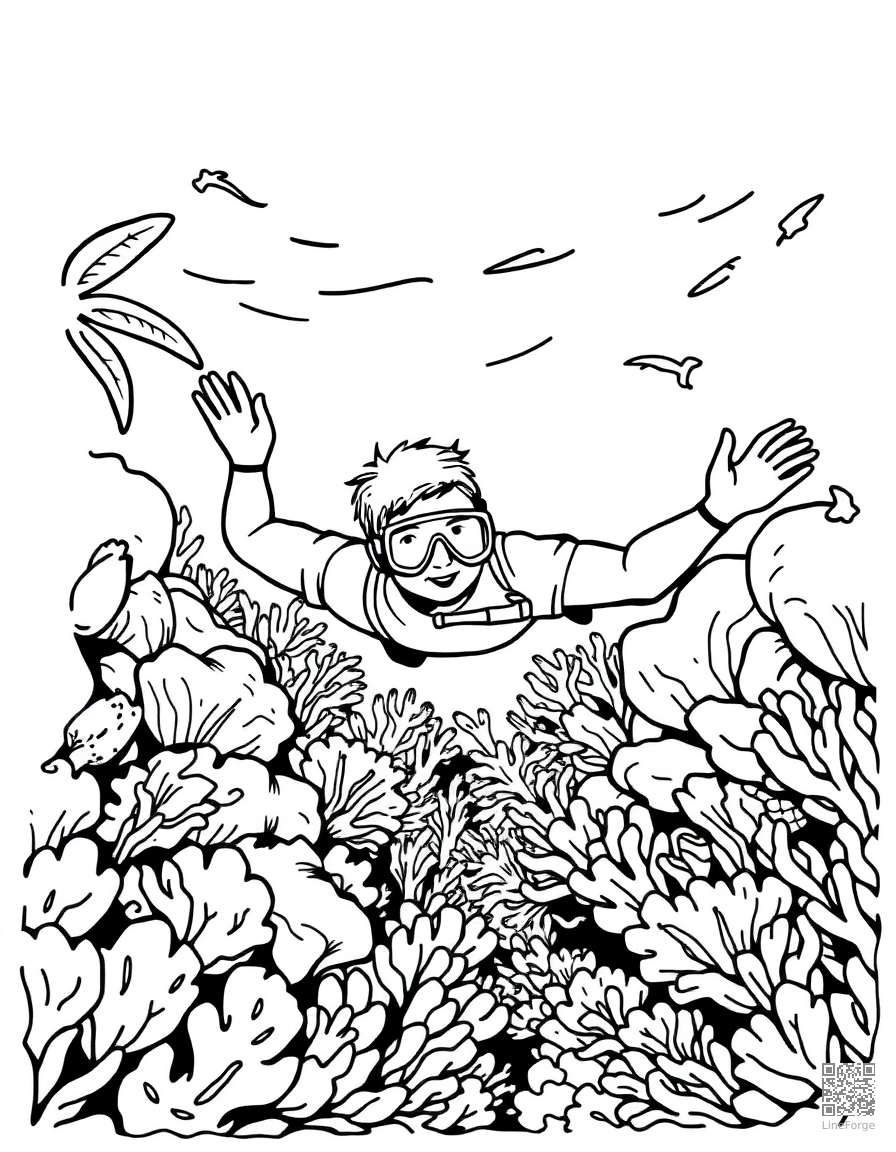 snorkeling in a tropical reef coloring page Woodcut style - free printable