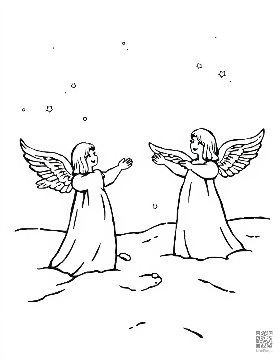 snow angels in fresh powder coloring page Woodcut style - free printable