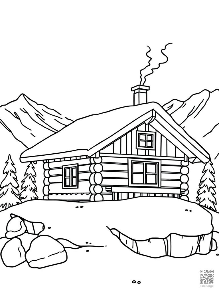 Snow-covered mountain cabin with chimney smoke coloring page Contour style - free printable