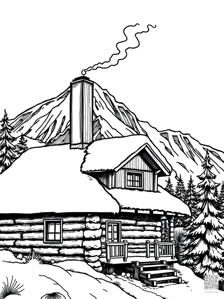 Snow-covered mountain cabin with chimney smoke coloring page Crosshatch style - free printable