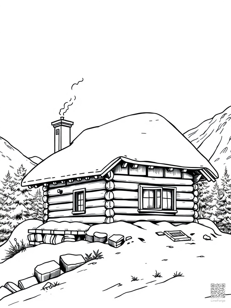 Snow-covered mountain cabin with chimney smoke coloring page Manga style - free printable