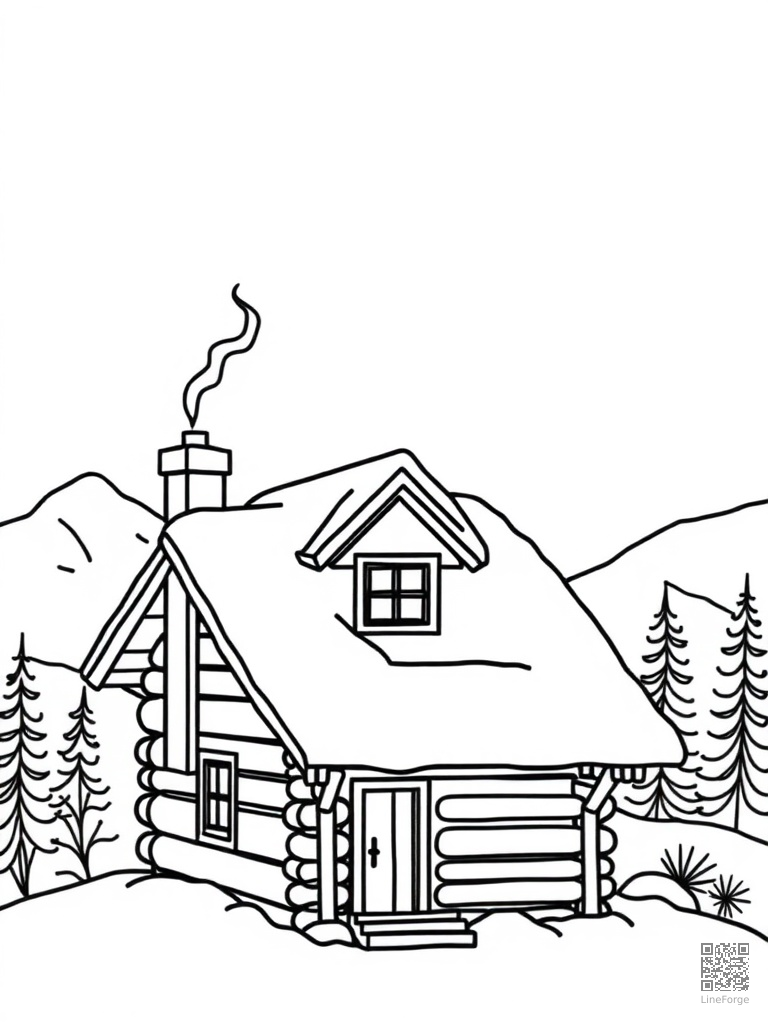 Snow-covered mountain cabin with chimney smoke coloring page Minimal style - free printable