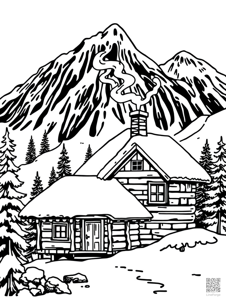 Snow-covered mountain cabin with chimney smoke coloring page Woodcut style - free printable