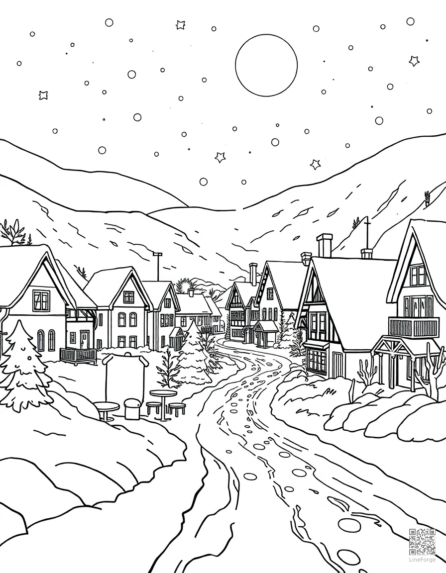 snow covered village at night with lights coloring page Contour style - free printable