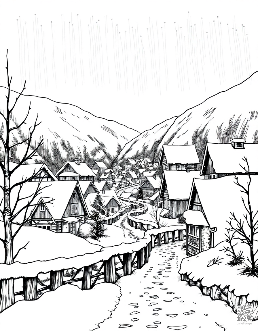 snow covered village at night with lights coloring page Crosshatch style - free printable