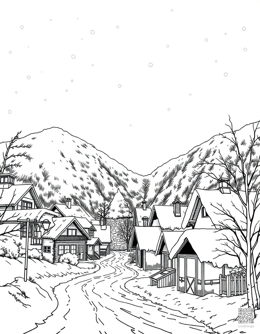 snow covered village at night with lights coloring page Manga style - free printable