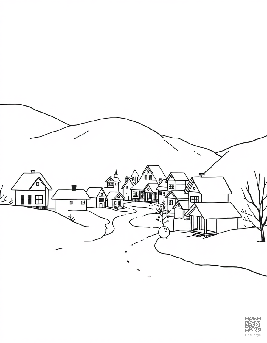snow covered village at night with lights coloring page Minimal style - free printable