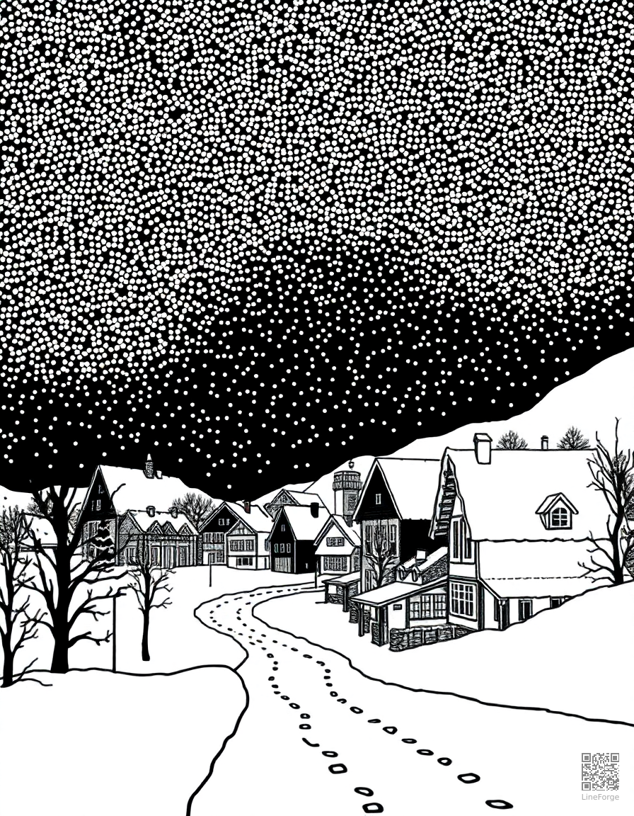 snow covered village at night with lights coloring page Stipple style - free printable