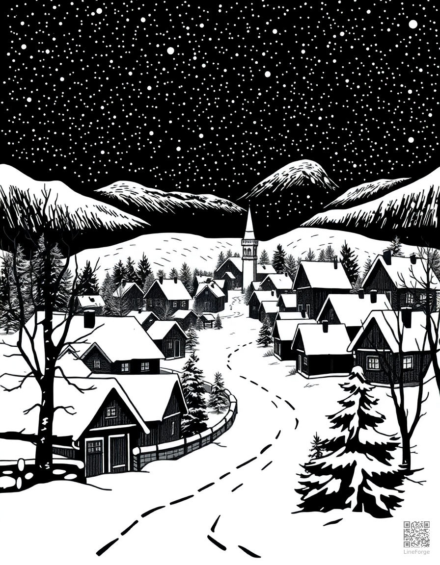 snow covered village at night with lights coloring page Woodcut style - free printable