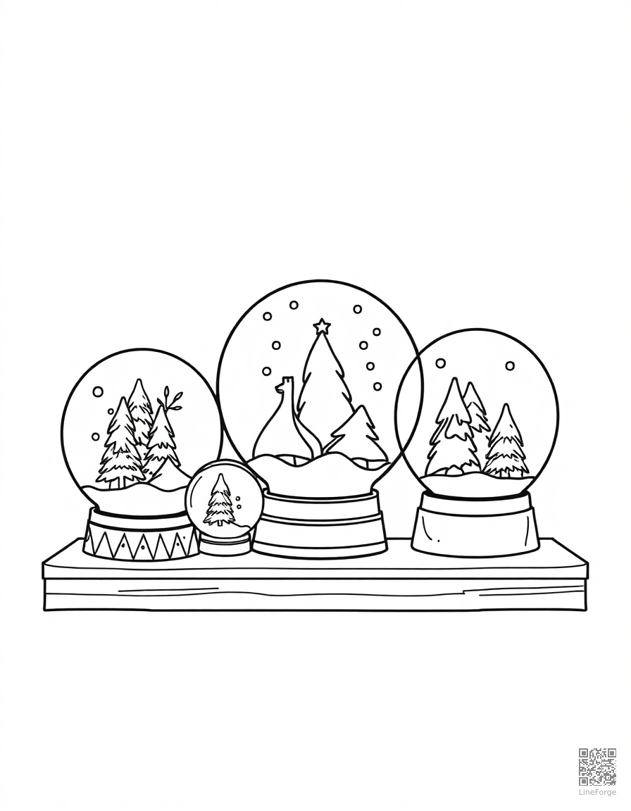 snow globe collection on a shelf coloring page Contour style - free printable