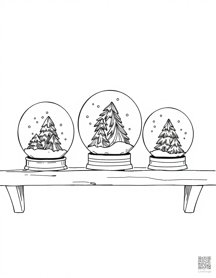 snow globe collection on a shelf coloring page Crosshatch style - free printable