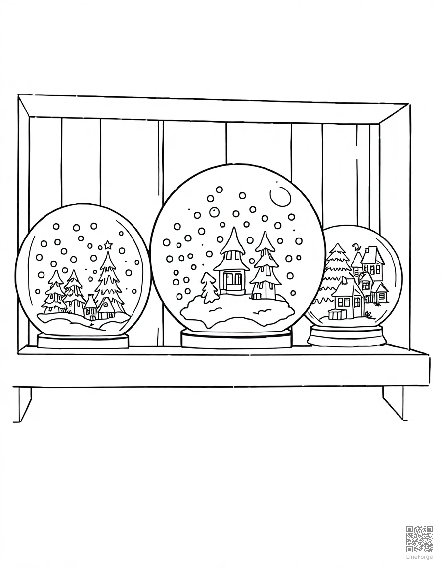 snow globe collection on a shelf coloring page Manga style - free printable