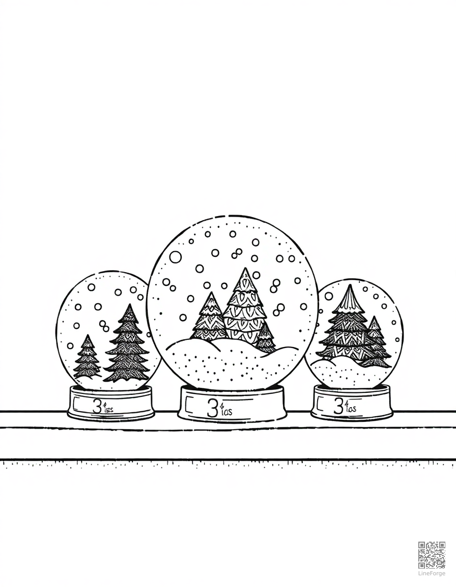 snow globe collection on a shelf coloring page Stipple style - free printable