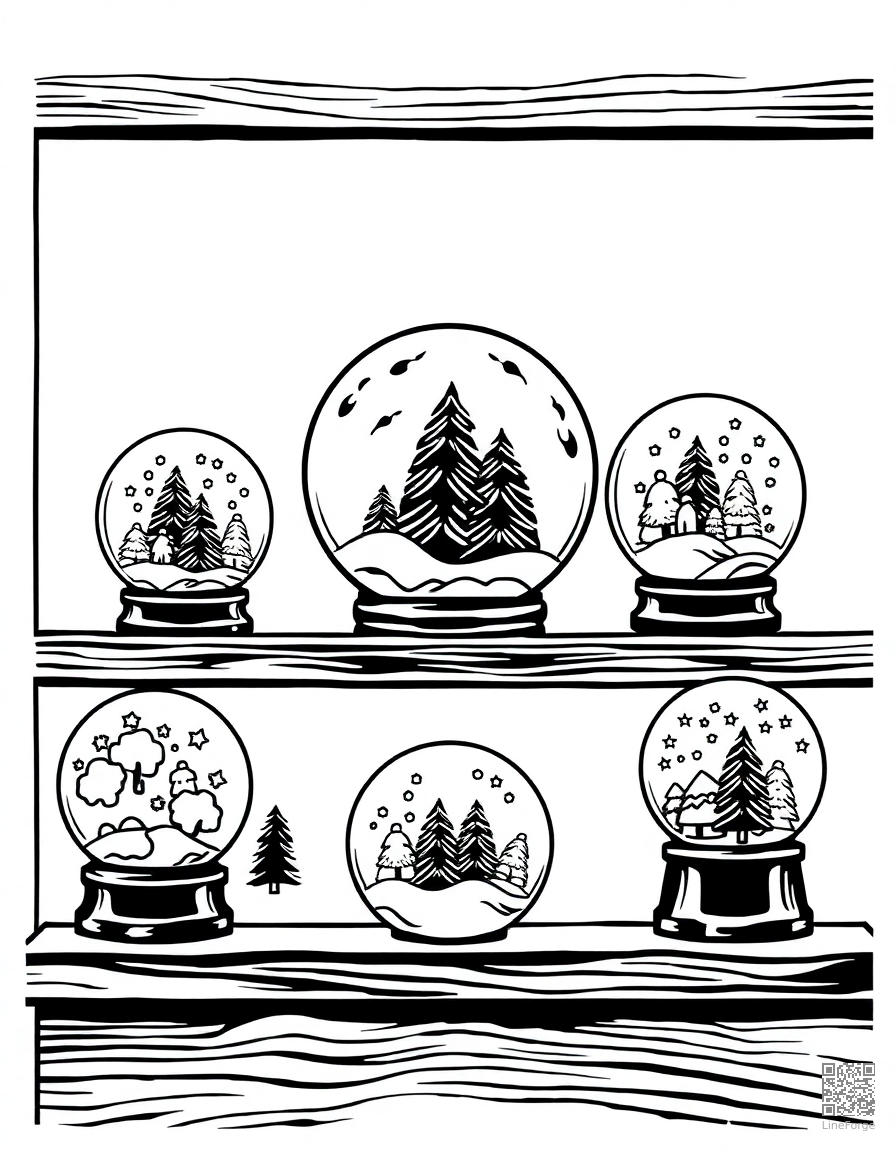 snow globe collection on a shelf coloring page Woodcut style - free printable