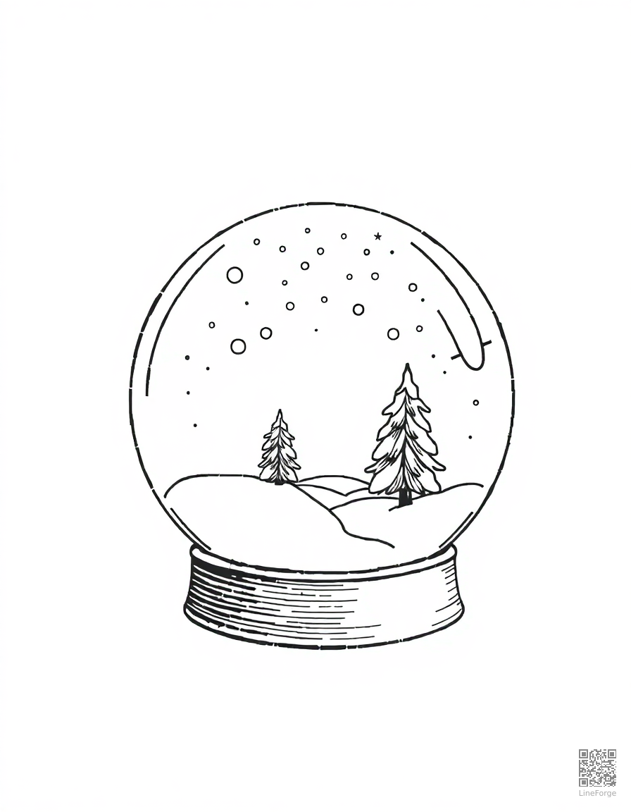 snow globe with a winter scene inside coloring page Crosshatch style - free printable