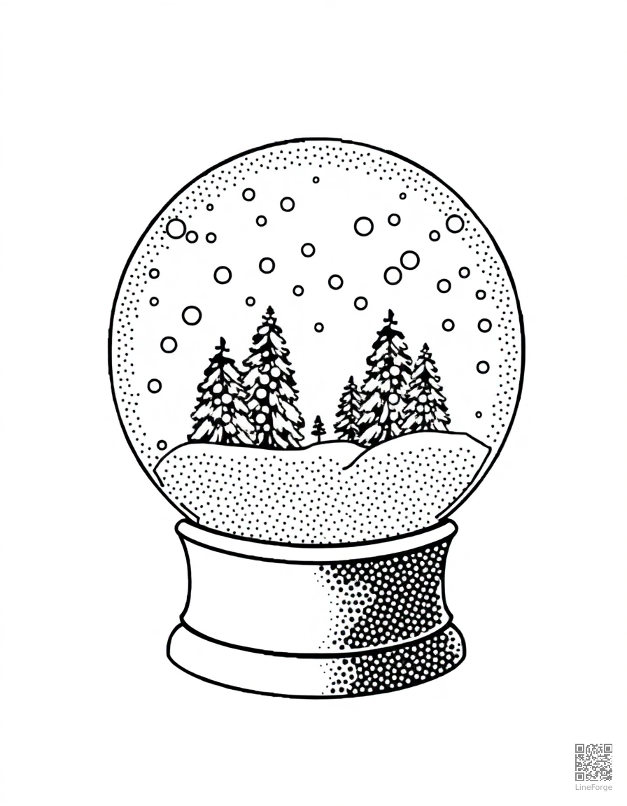 snow globe with a winter scene inside coloring page Stipple style - free printable