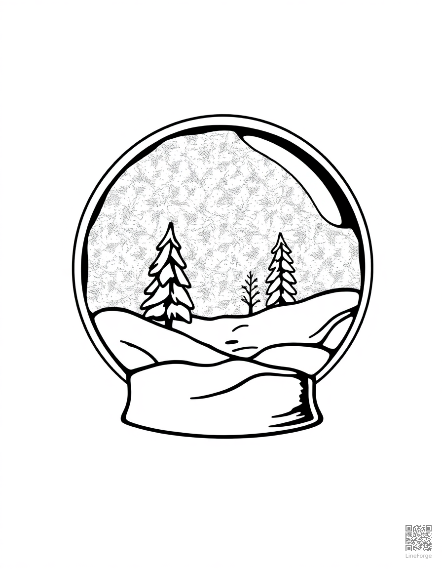 snow globe with a winter scene inside coloring page Woodcut style - free printable