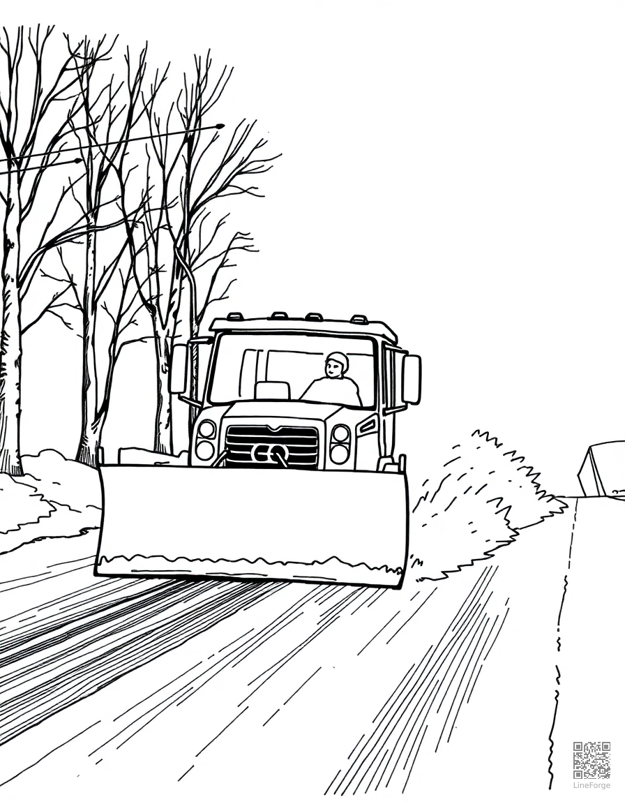 snow plow clearing a road in winter coloring page Crosshatch style - free printable