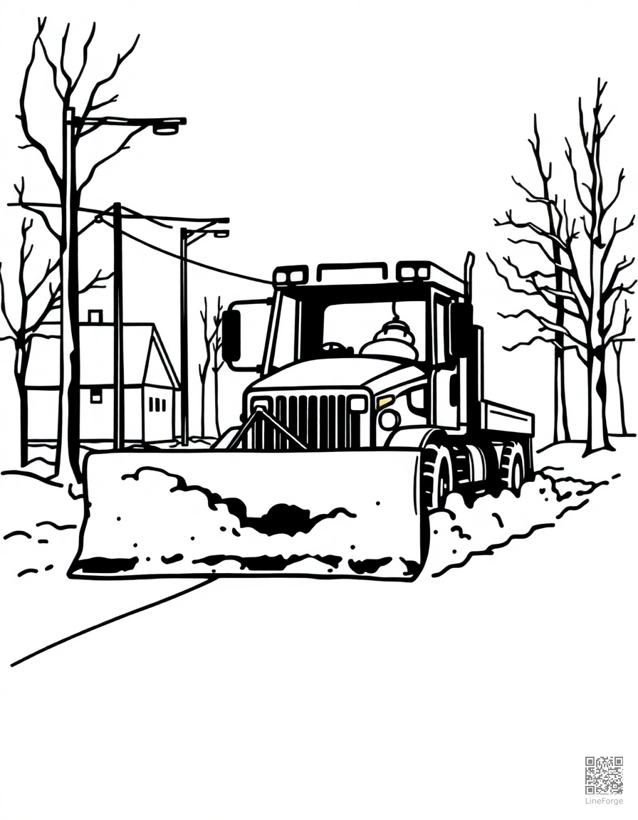 snow plow clearing a road in winter coloring page Woodcut style - free printable