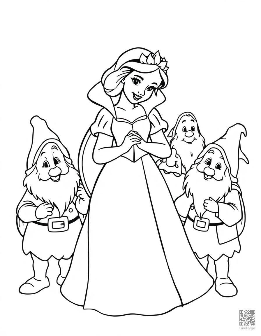 snow white with the seven dwarfs coloring page Contour style - free printable