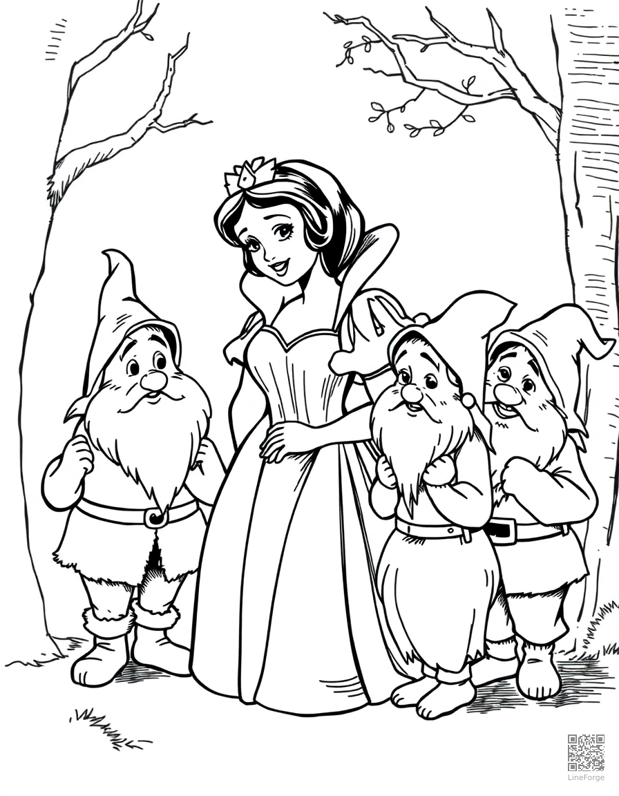 snow white with the seven dwarfs coloring page Crosshatch style - free printable