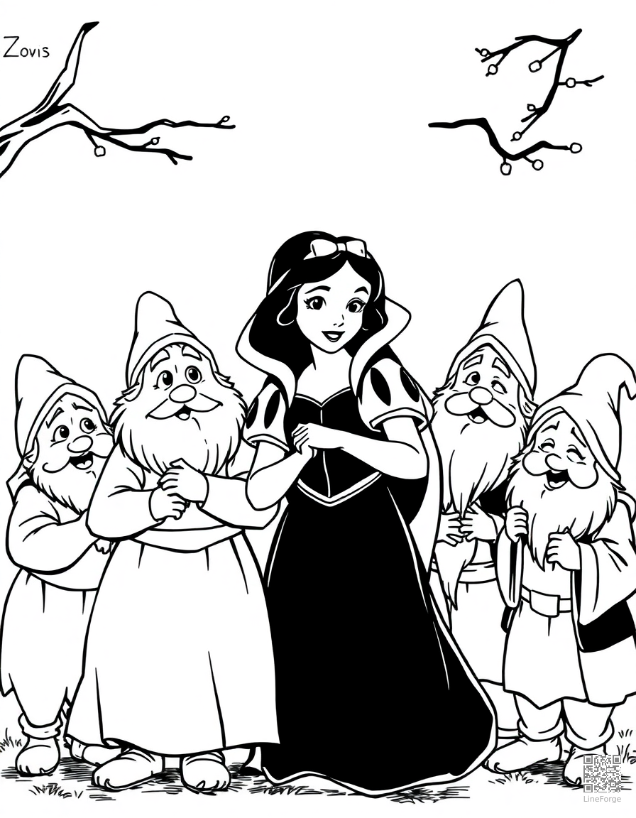snow white with the seven dwarfs coloring page Manga style - free printable