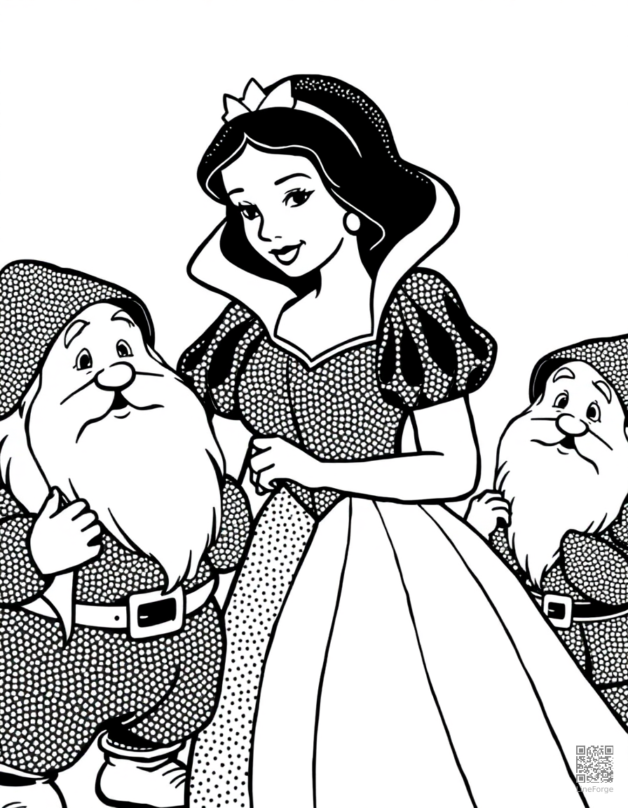 snow white with the seven dwarfs coloring page Stipple style - free printable