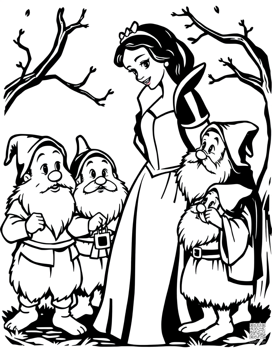 snow white with the seven dwarfs coloring page Woodcut style - free printable