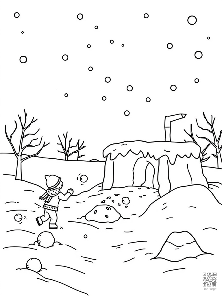 Snowball fight and snow fort building scene coloring page Contour style - free printable