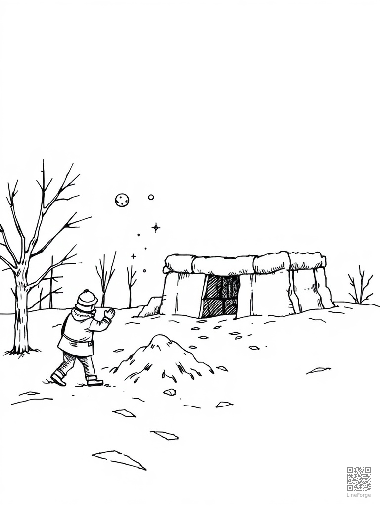 Snowball fight and snow fort building scene coloring page Crosshatch style - free printable