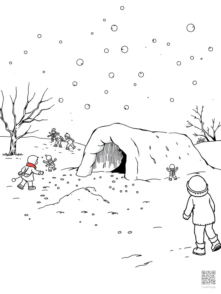Snowball fight and snow fort building scene coloring page Manga style - free printable