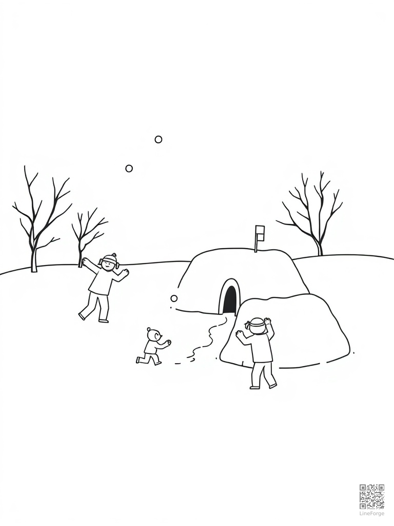 Snowball fight and snow fort building scene coloring page Minimal style - free printable