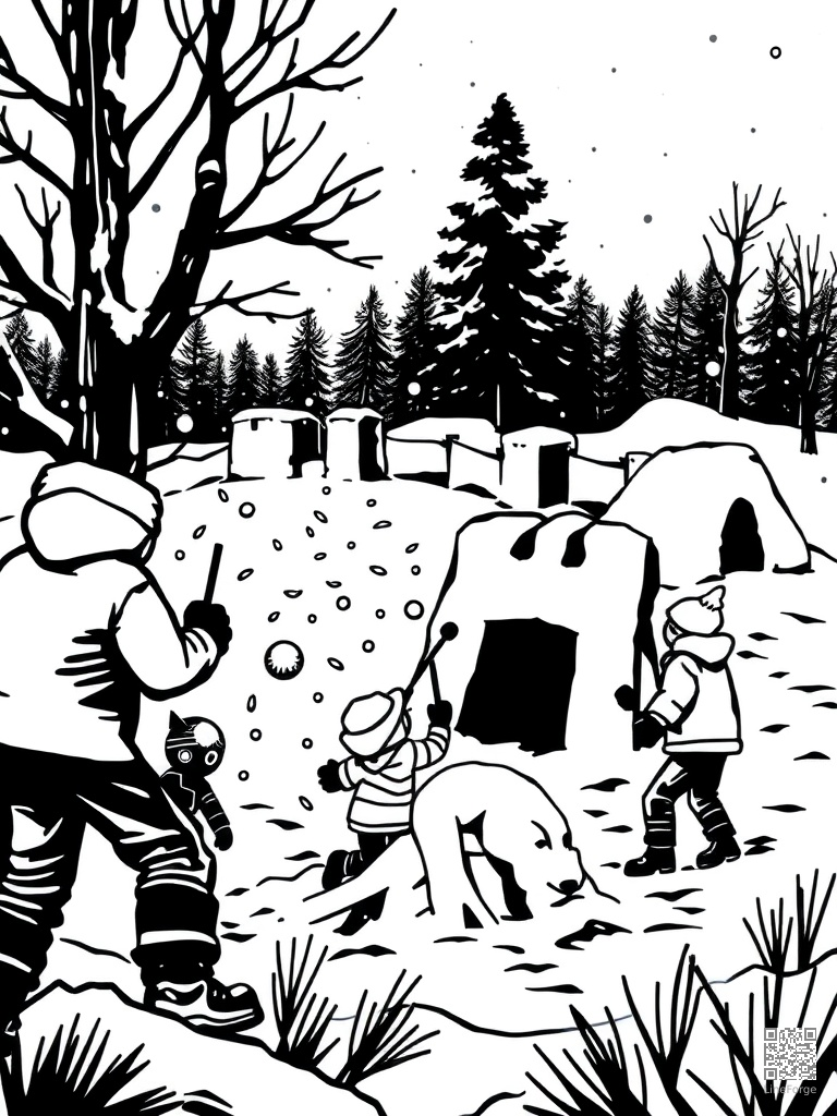 Snowball fight and snow fort building scene coloring page Woodcut style - free printable